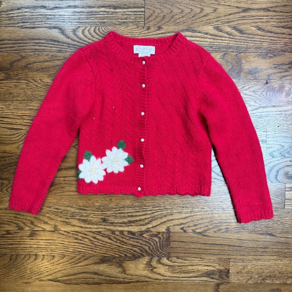 Vintage Hartstrings Girls Red Sweater with Floral Appliqués Pearl Buttons 5-6